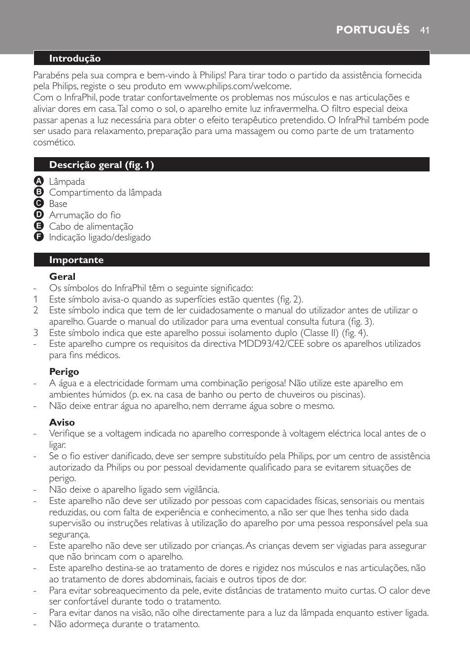 Geral, Perigo, Aviso | Português, Introdução, Descrição geral (fig. 1), Importante | Philips InfraPhil Infrarotlampe User Manual | Page 41 / 60