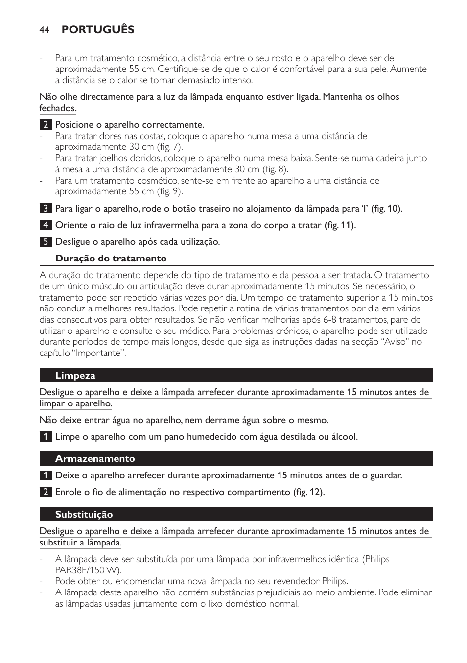 Duração do tratamento, Limpeza, Armazenamento | Substituição | Philips InfraPhil Infrarotlampe User Manual | Page 44 / 60