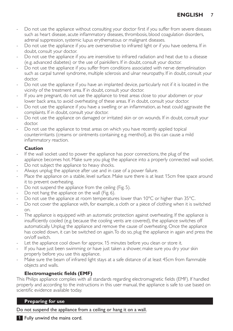 Caution, Electromagnetic fields (emf), Preparing for use | Philips InfraPhil Infrarotlampe User Manual | Page 7 / 60