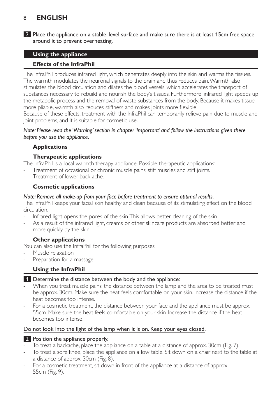 Using the appliance, Effects of the infraphil, Applications | Therapeutic applications, Cosmetic applications, Other applications, Using the infraphil | Philips InfraPhil Infrarotlampe User Manual | Page 8 / 60