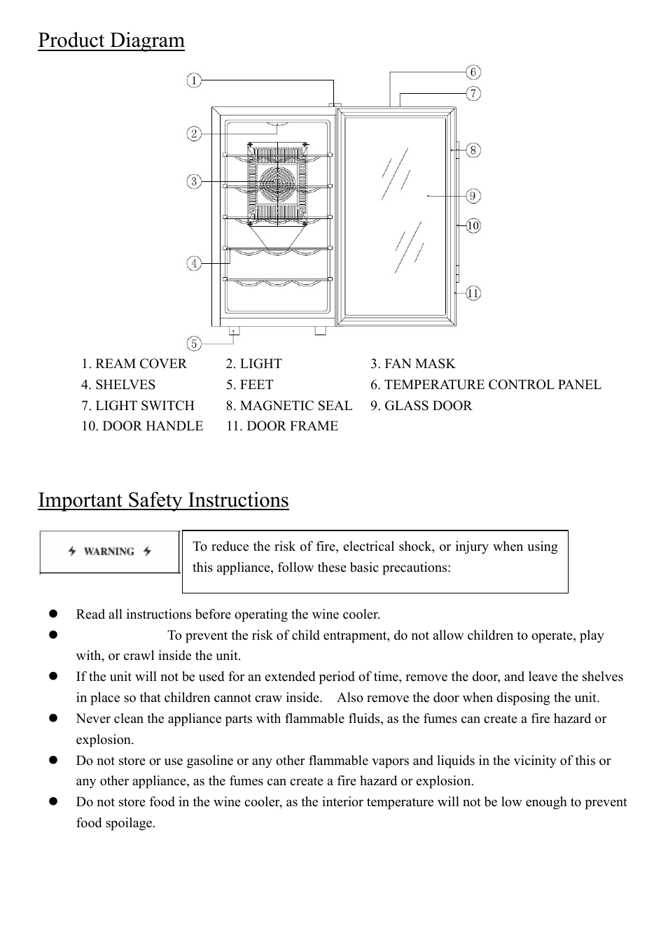 Product diagram, Important safety instructions, Please save these instructions | NewAir Thermoelectric Wine Cooler AW-180E User Manual | Page 2 / 5