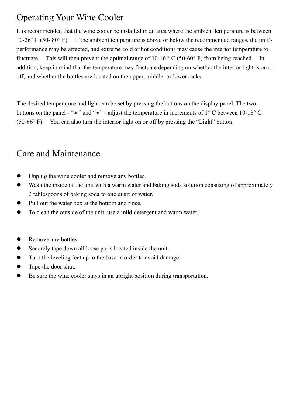 Operating your wine cooler, Care and maintenance | NewAir Thermoelectric Wine Cooler AW-180E User Manual | Page 4 / 5