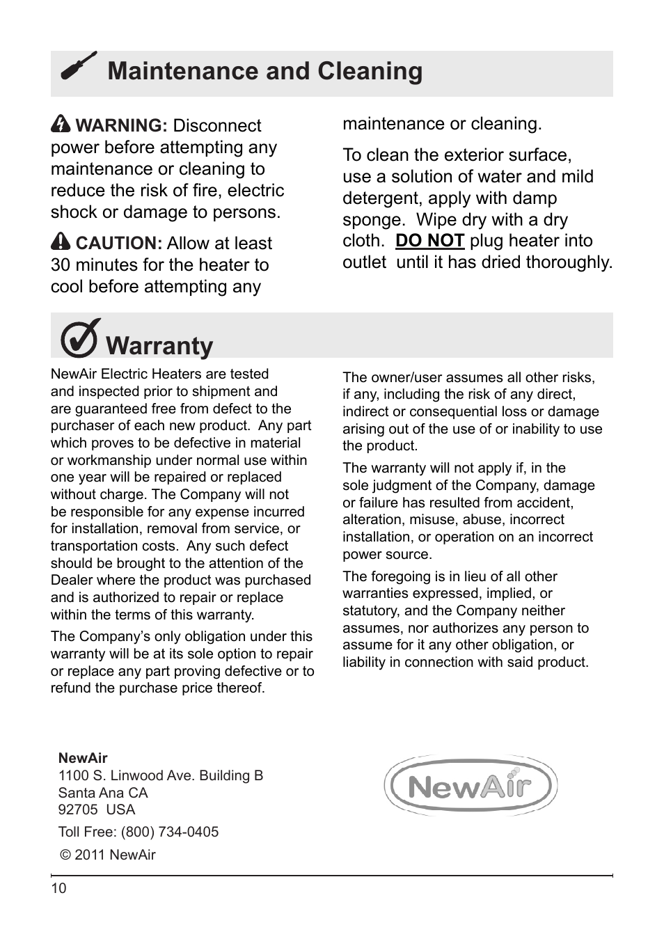 Maintenance and cleaning, Warranty | NewAir G70 User Manual | Page 10 / 10