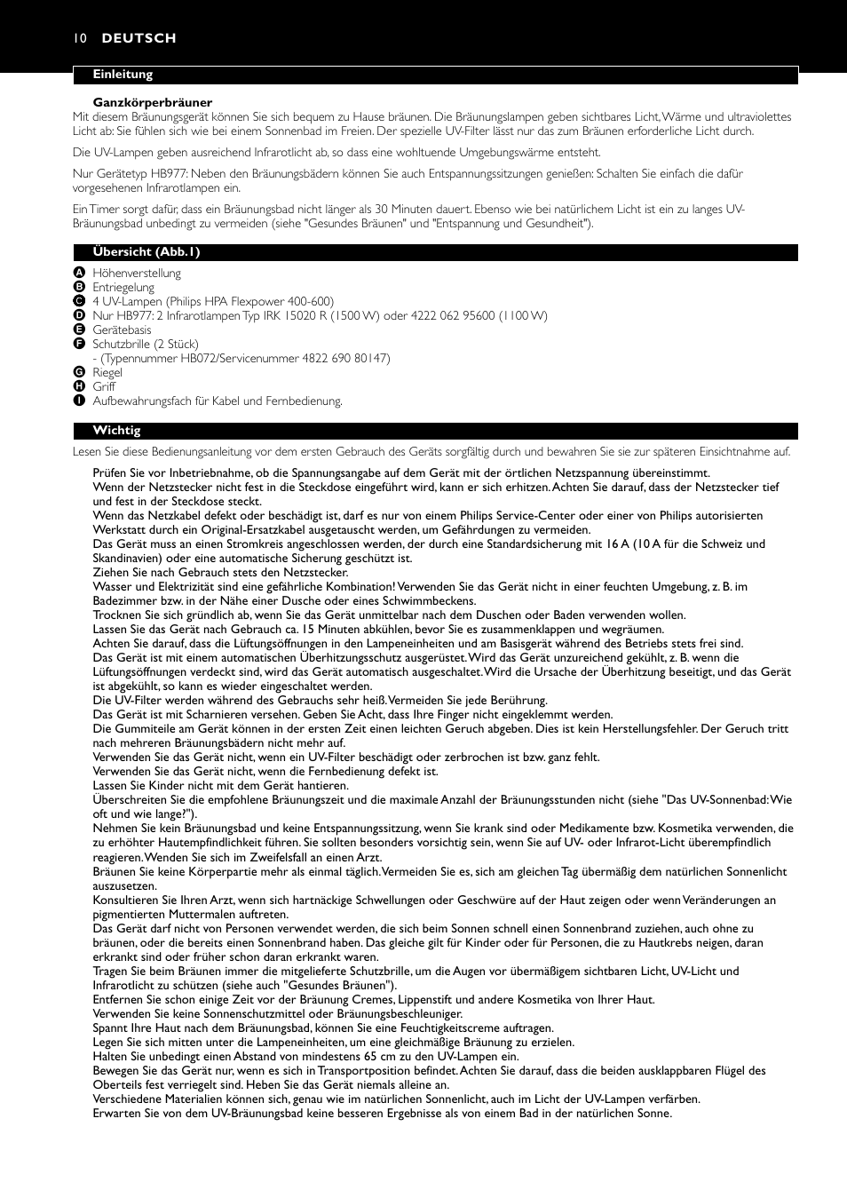 Deutsch 10 | Philips Zusammenklappbarer Ganzkörperbräuner User Manual | Page 10 / 72