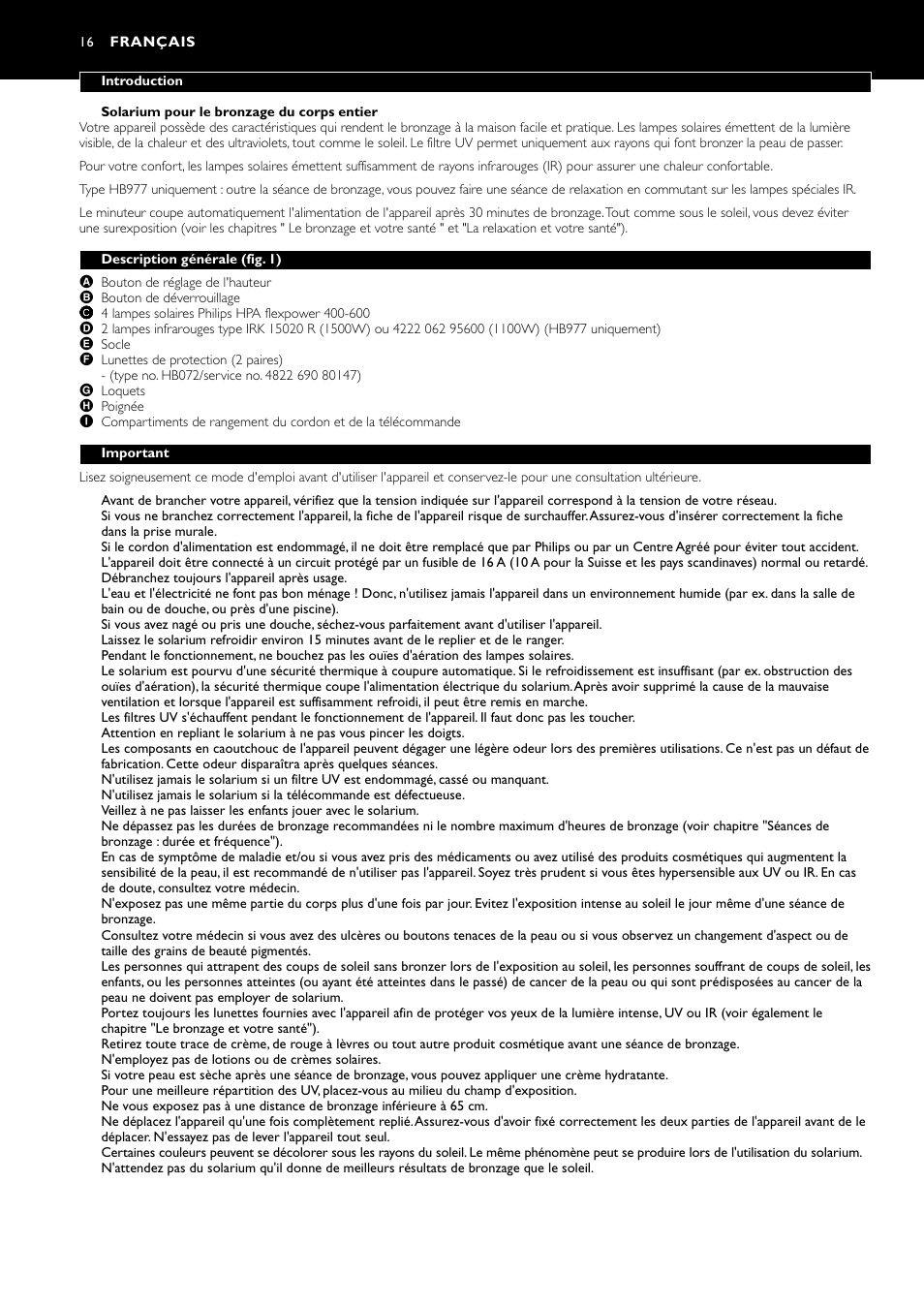 Français 16 | Philips Zusammenklappbarer Ganzkörperbräuner User Manual | Page 16 / 72