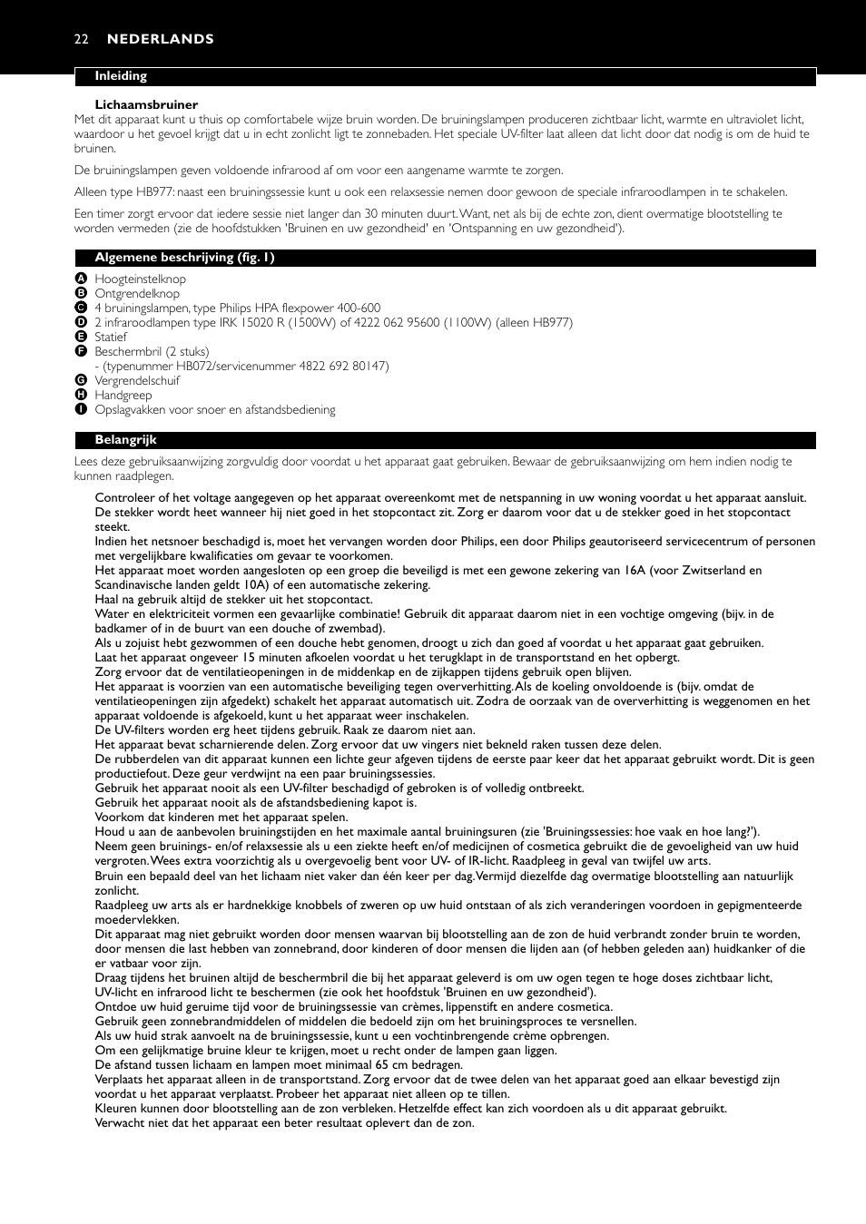 Nederlands 22 | Philips Zusammenklappbarer Ganzkörperbräuner User Manual | Page 22 / 72