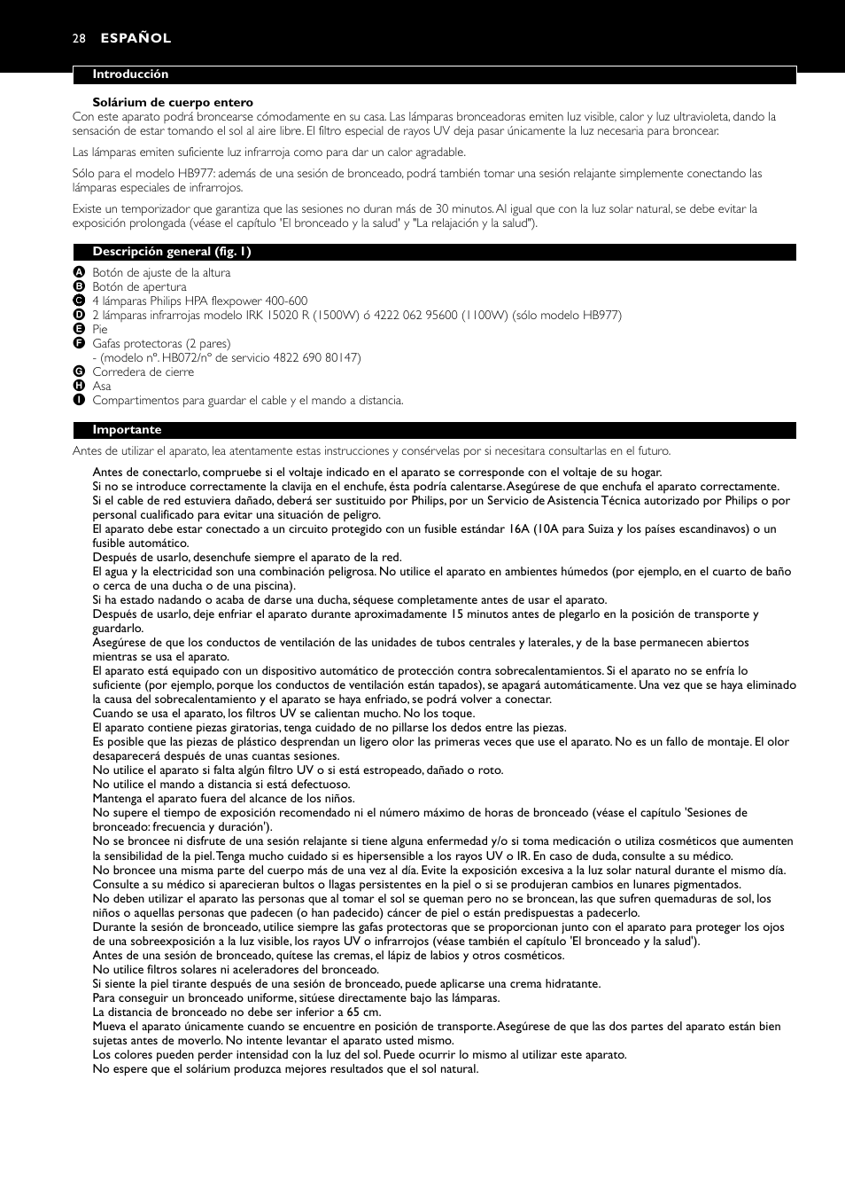 Español 28 | Philips Zusammenklappbarer Ganzkörperbräuner User Manual | Page 28 / 72