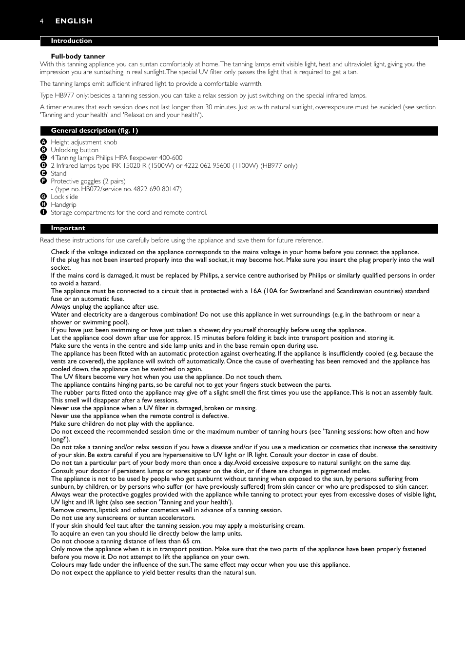 English 4 | Philips Zusammenklappbarer Ganzkörperbräuner User Manual | Page 4 / 72