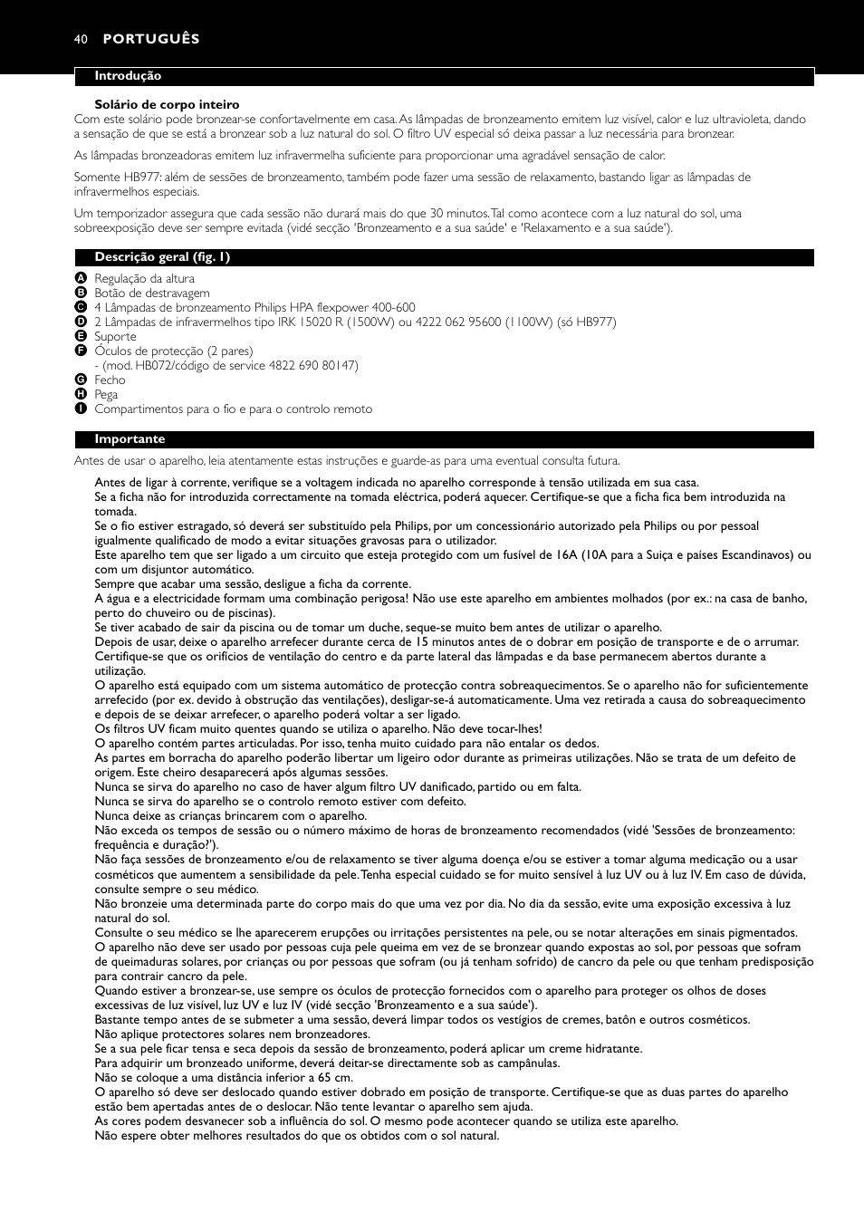 Português 40 | Philips Zusammenklappbarer Ganzkörperbräuner User Manual | Page 40 / 72