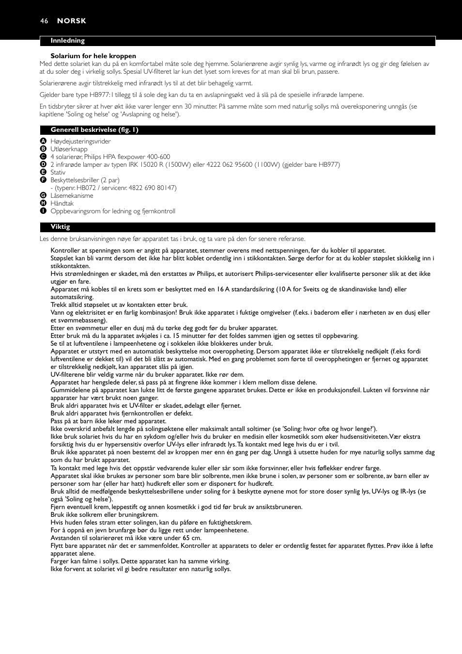 Norsk 46 | Philips Zusammenklappbarer Ganzkörperbräuner User Manual | Page 46 / 72