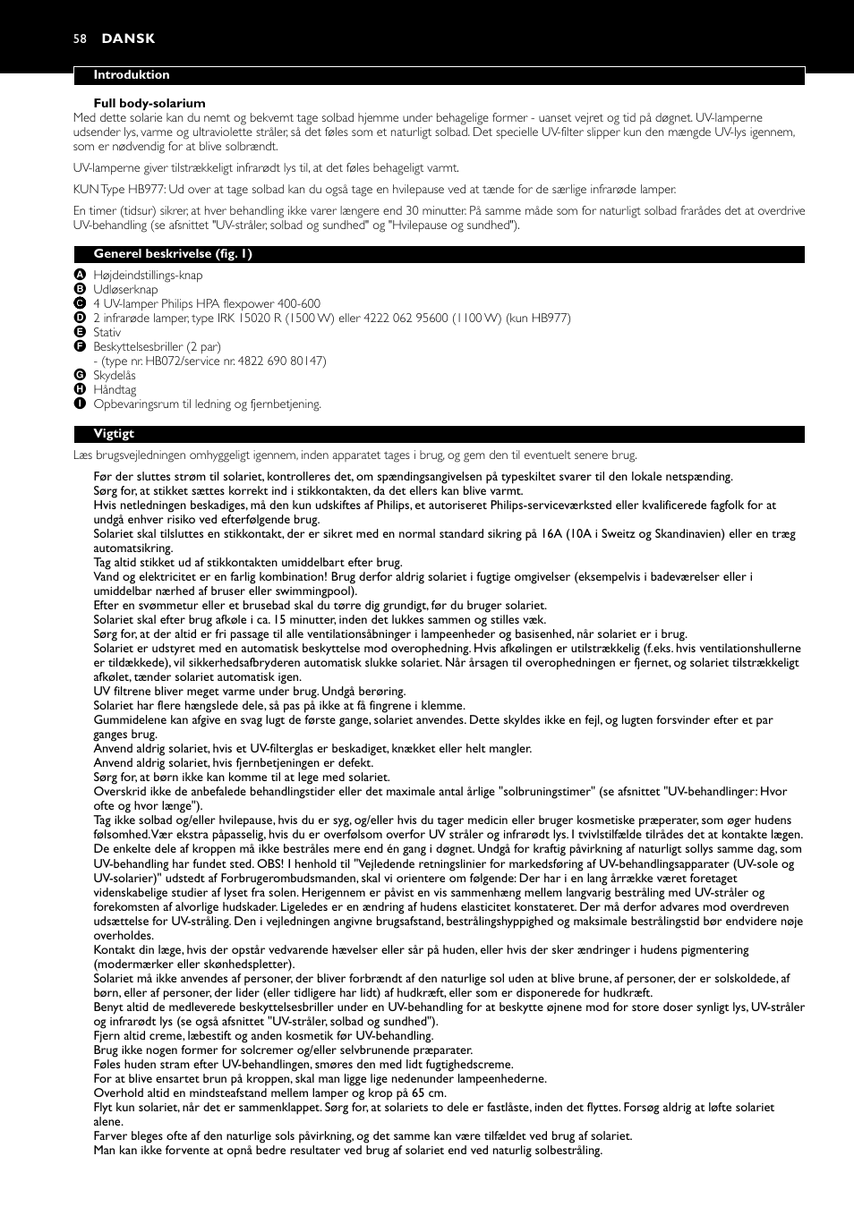 Dansk 58 | Philips Zusammenklappbarer Ganzkörperbräuner User Manual | Page 58 / 72