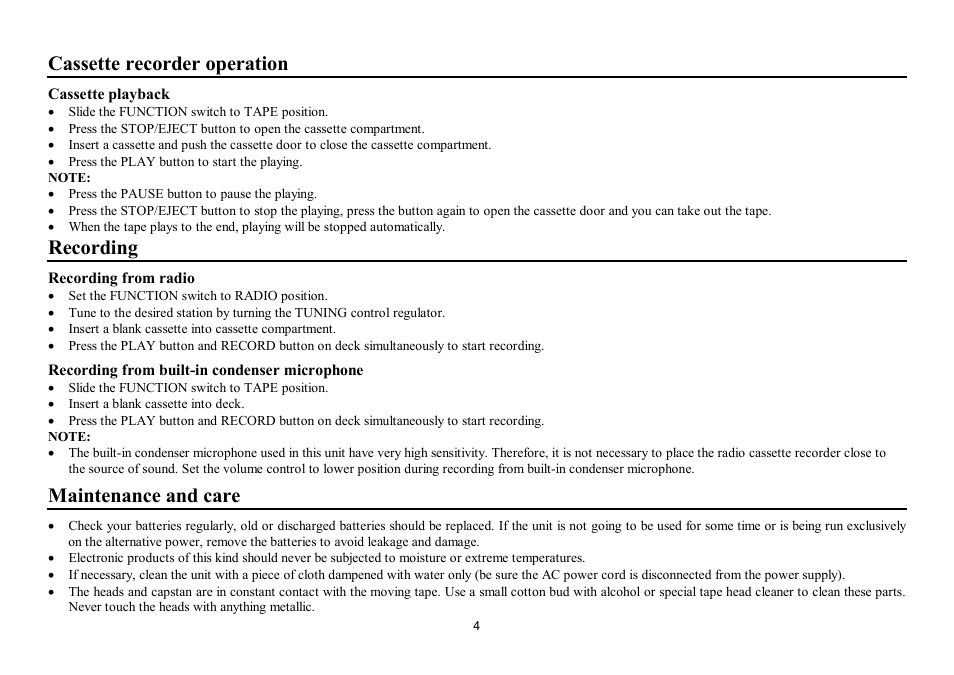 Cassette recorder operation, Recording, Maintenance and care | Hyundai H-1201 User Manual | Page 4 / 9