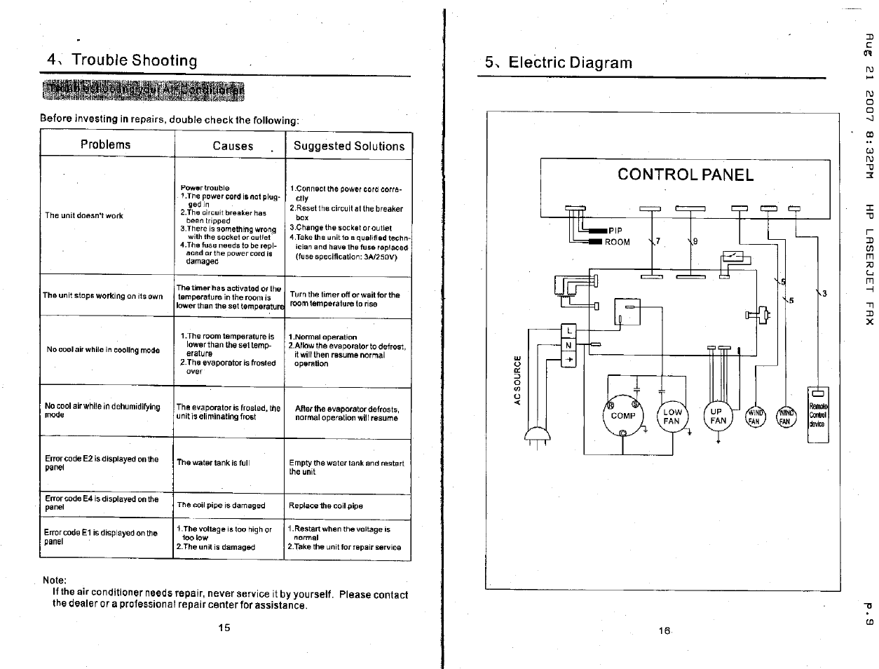 4^ troubleshooting, Electric diagram | NewAir ACP-1000E User Manual | Page 9 / 10