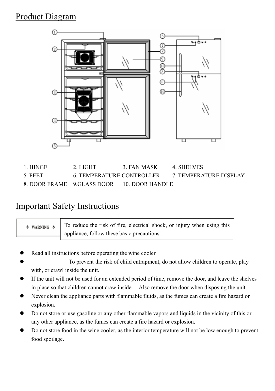 Product diagram, Important safety instructions, Please save these instructions | NewAir Thermoelectric Wine Cooler AW-210ED User Manual | Page 2 / 5