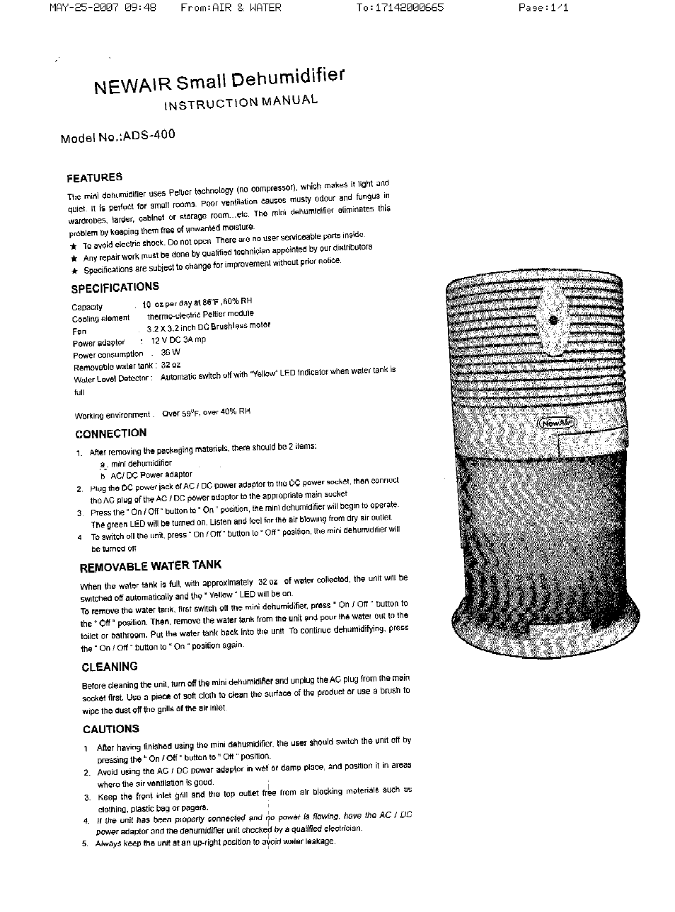 NewAir ADS-400 User Manual | 1 page