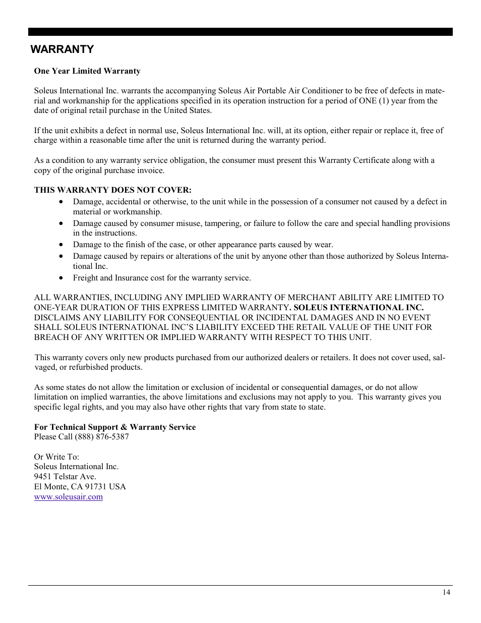 Warranty | NewAir LX-100 User Manual | Page 14 / 14