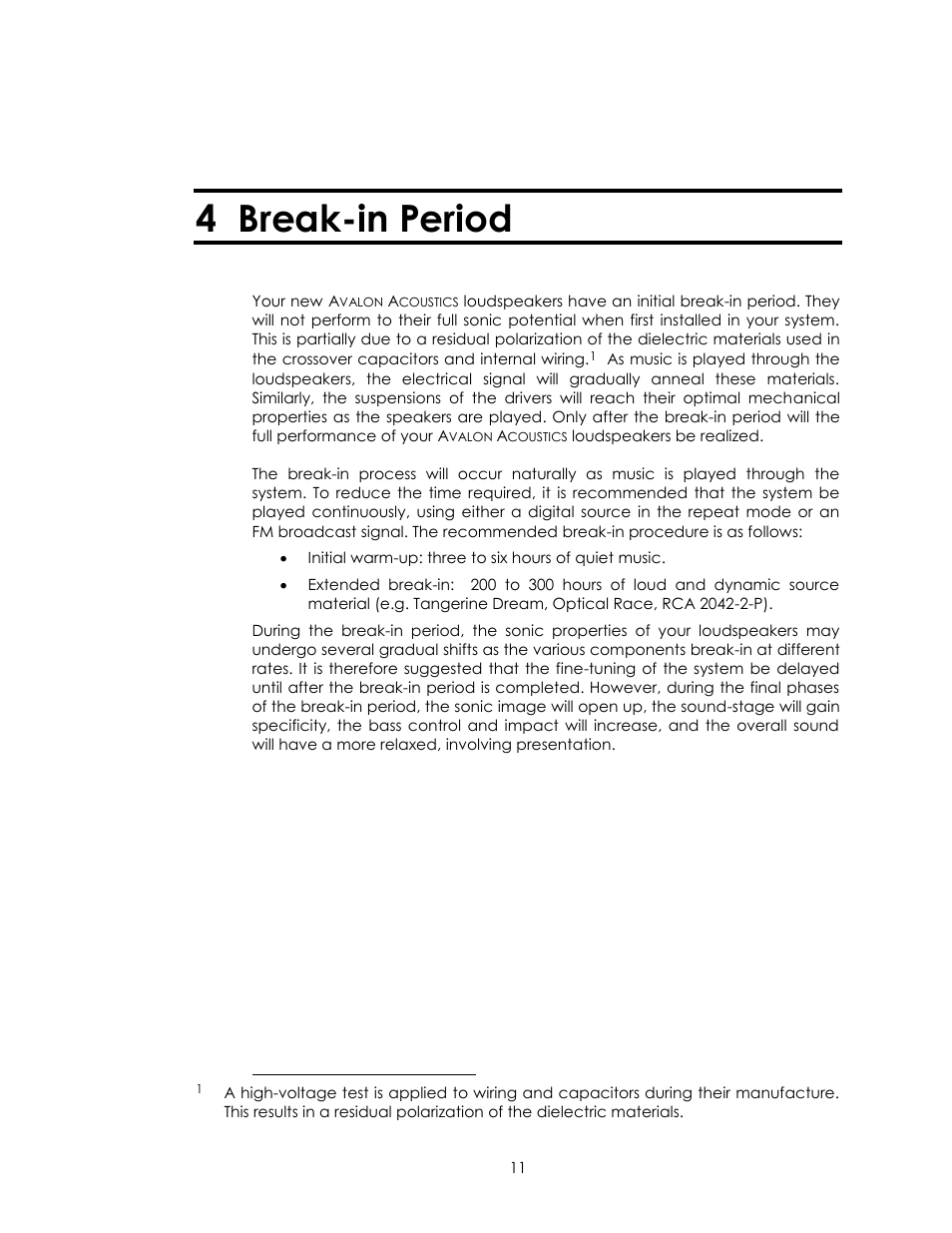4 break-in period | Avalon Acoustics Isis User Manual | Page 11 / 44