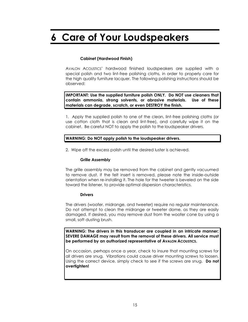 6 care of your loudspeakers | Avalon Acoustics Isis User Manual | Page 15 / 44