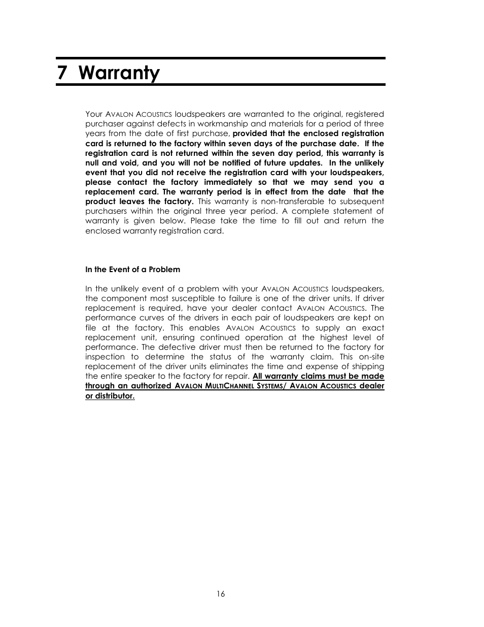 7 warranty | Avalon Acoustics Isis User Manual | Page 16 / 44