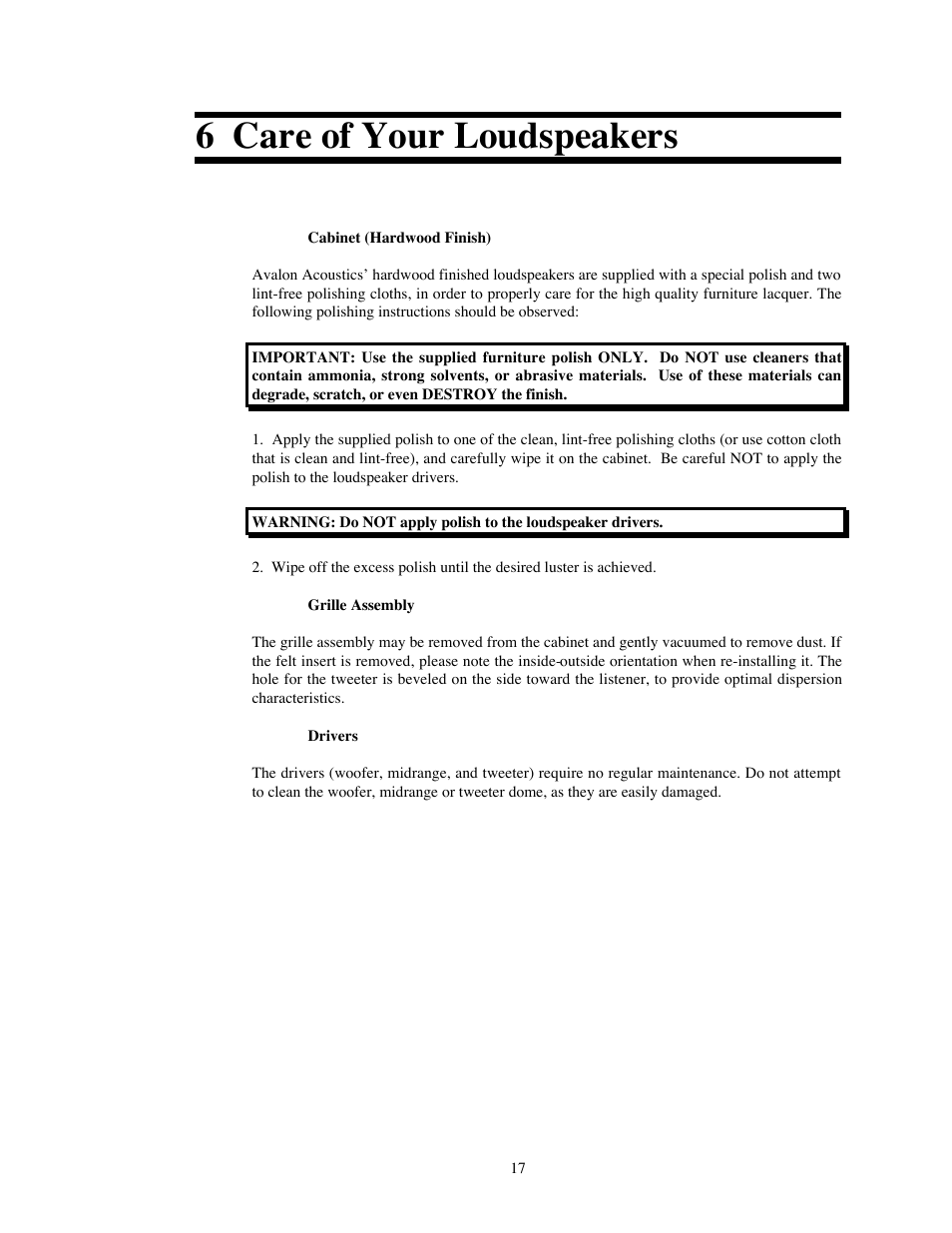 6 care of your loudspeakers | Avalon Acoustics OPUS Ceramique Loudspeaker User Manual | Page 17 / 45