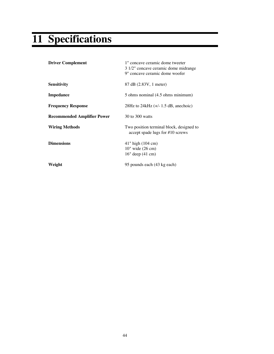 11 specifications | Avalon Acoustics OPUS Ceramique Loudspeaker User Manual | Page 44 / 45