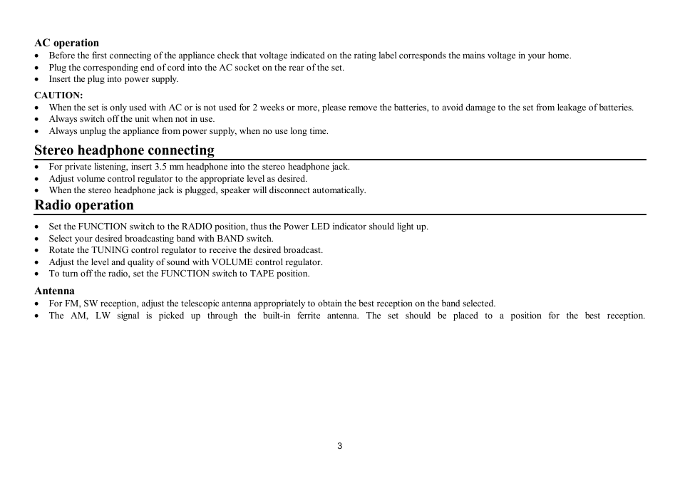 Stereo headphone connecting, Radio operation | Hyundai H-1002 User Manual | Page 3 / 9