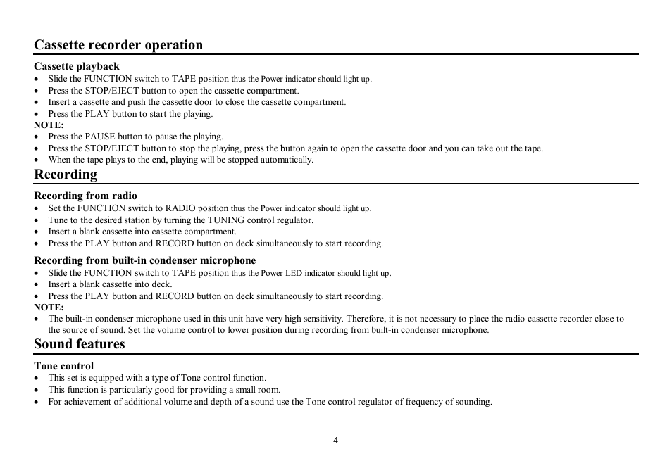 Cassette recorder operation, Recording, Sound features | Hyundai H-1002 User Manual | Page 4 / 9