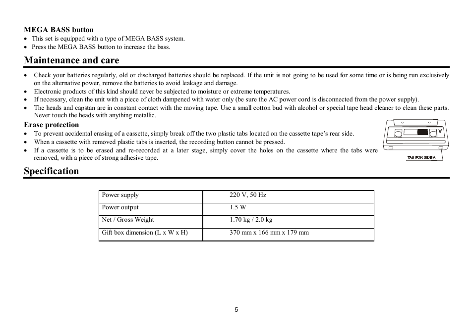 Maintenance and care, Specification | Hyundai H-1002 User Manual | Page 5 / 9