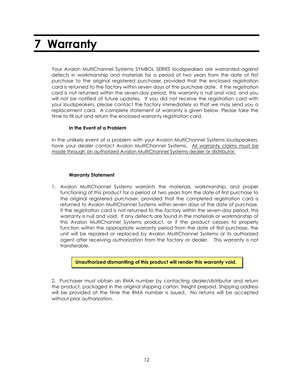 7 warranty | Avalon Acoustics Symbol User Manual | Page 12 / 16