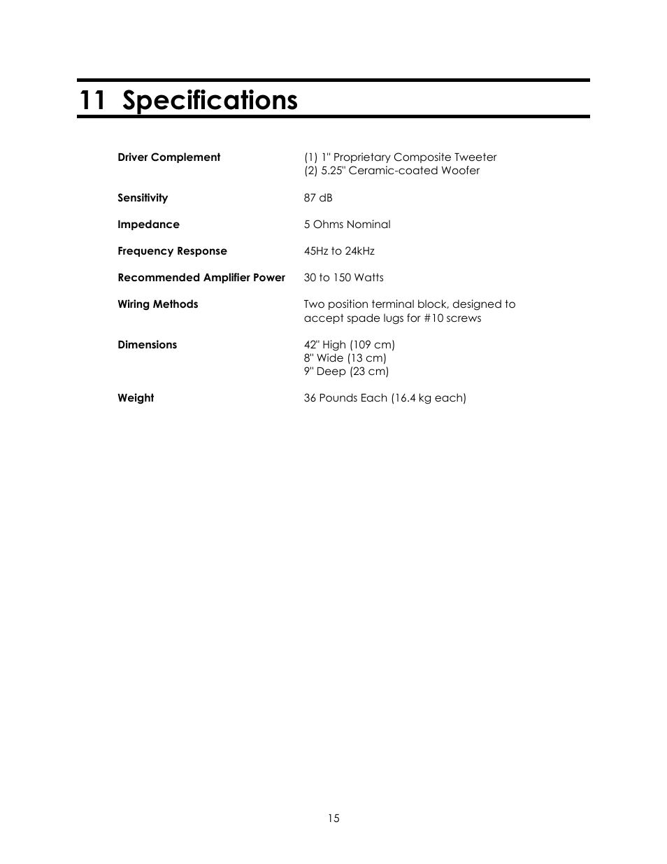 11 specifications | Avalon Acoustics Symbol User Manual | Page 15 / 16