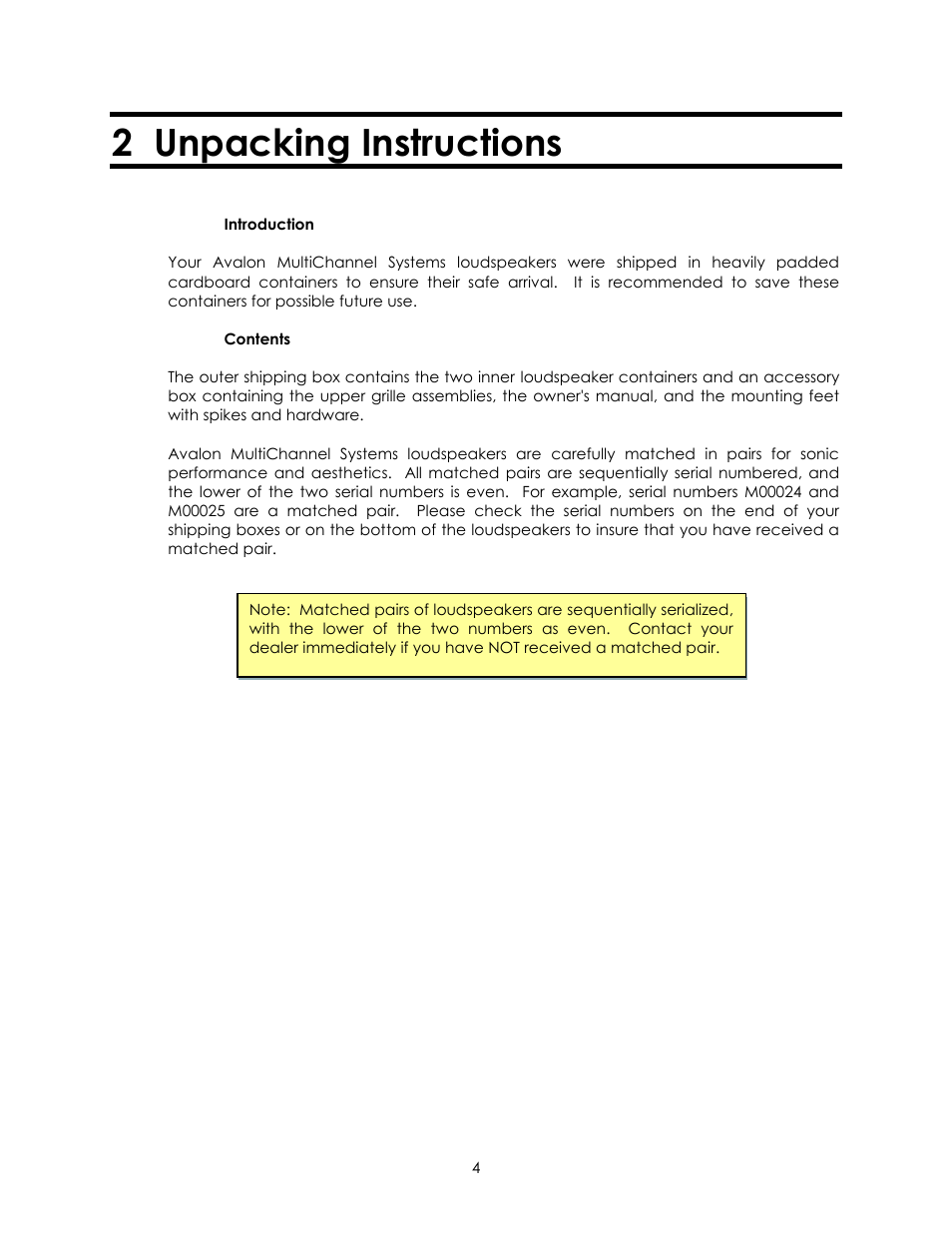 2 unpacking instructions | Avalon Acoustics Symbol User Manual | Page 4 / 16