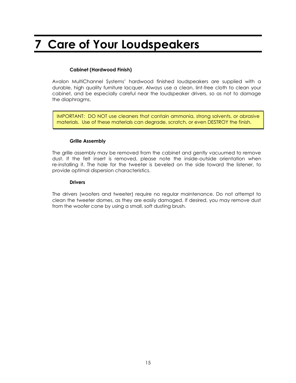 7 care of your loudspeakers | Avalon Acoustics AVALON SYMBOL Subwoofer And Center Channel User Manual | Page 15 / 20