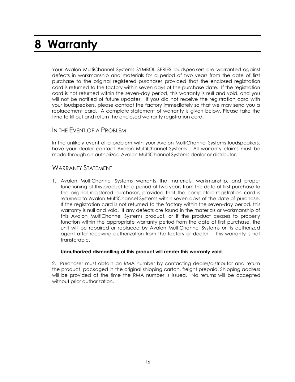 8 warranty | Avalon Acoustics AVALON SYMBOL Subwoofer And Center Channel User Manual | Page 16 / 20