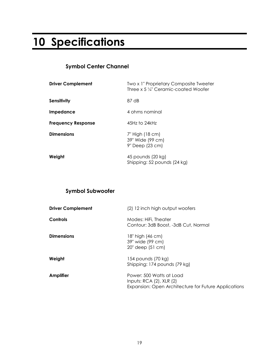 10 specifications | Avalon Acoustics AVALON SYMBOL Subwoofer And Center Channel User Manual | Page 19 / 20