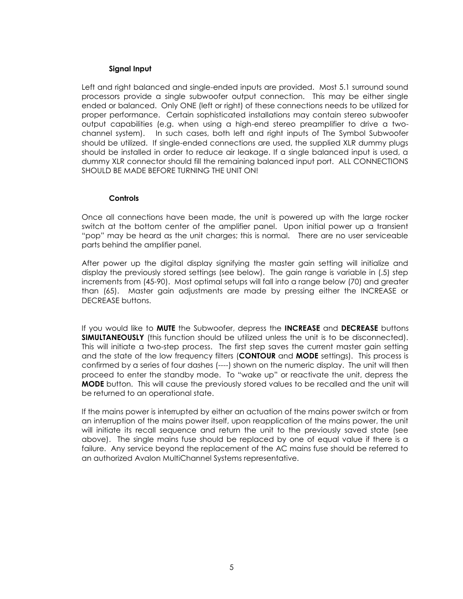Avalon Acoustics AVALON SYMBOL Subwoofer And Center Channel User Manual | Page 5 / 20