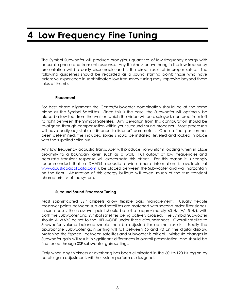 4 low frequency fine tuning | Avalon Acoustics AVALON SYMBOL Subwoofer And Center Channel User Manual | Page 8 / 20