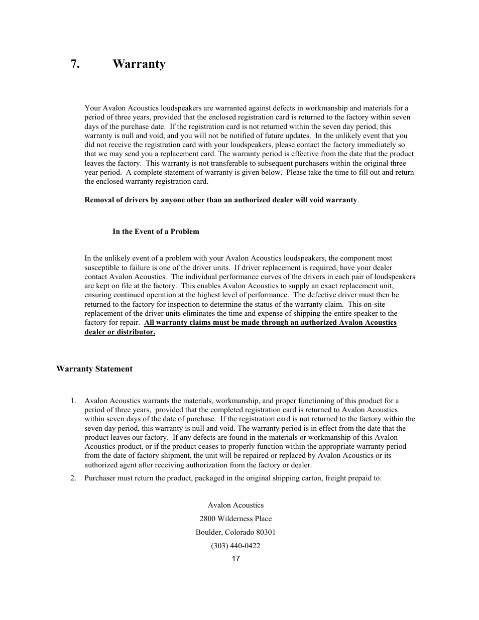 Warranty | Avalon Acoustics AVALON ASCENDANT User Manual | Page 17 / 37