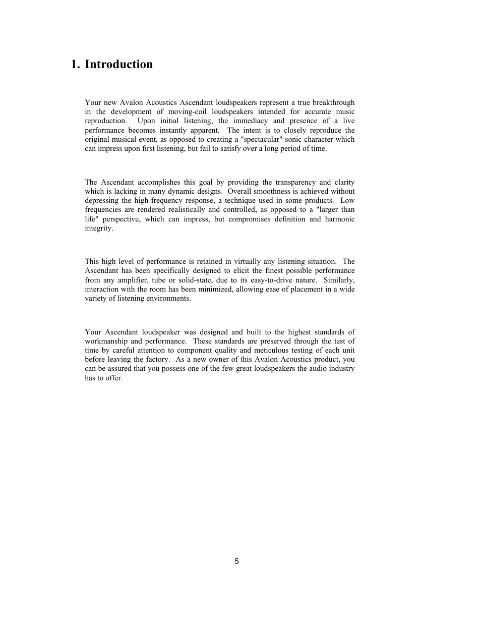 Introduction | Avalon Acoustics AVALON ASCENDANT User Manual | Page 5 / 37