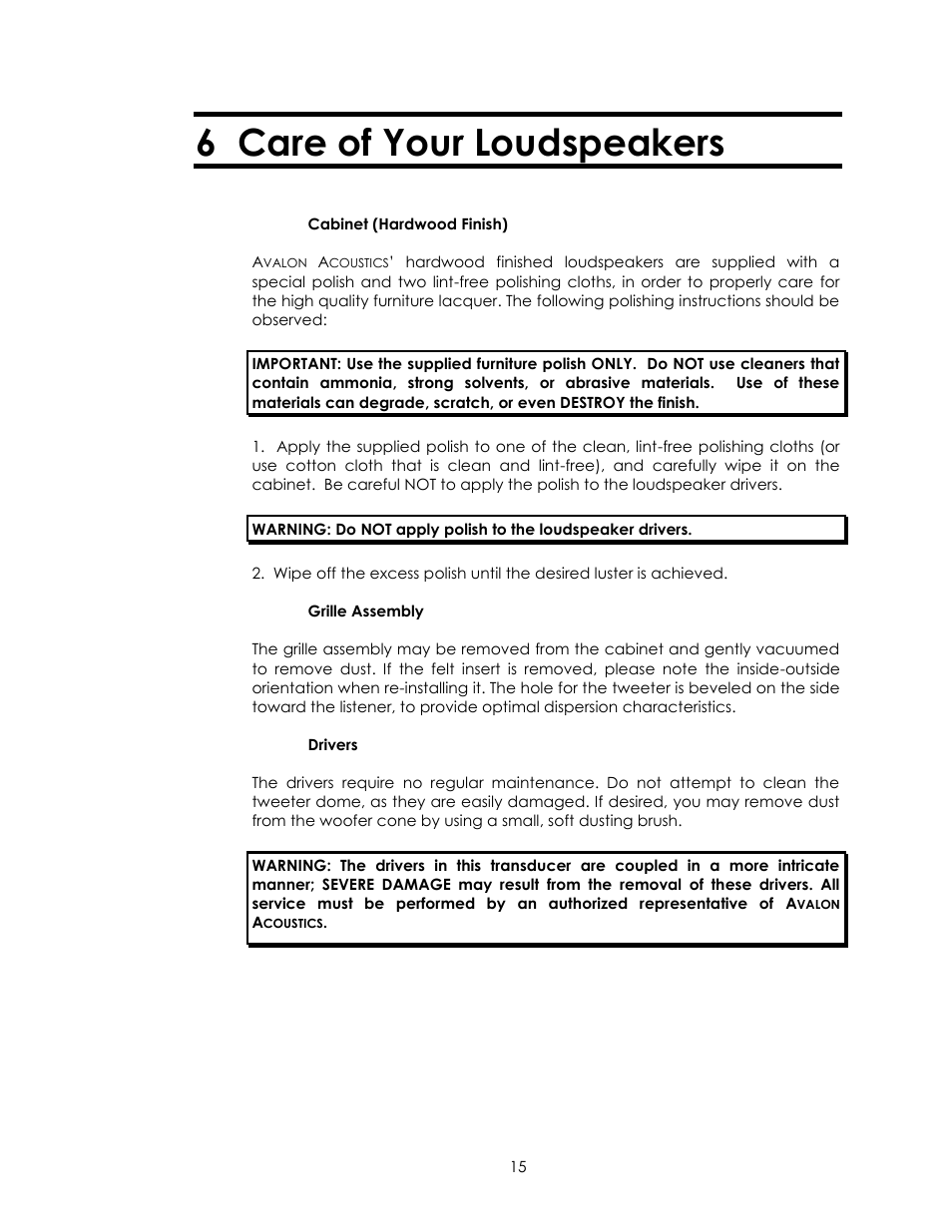6 care of your loudspeakers | Avalon Acoustics AVALON INDRA User Manual | Page 15 / 44