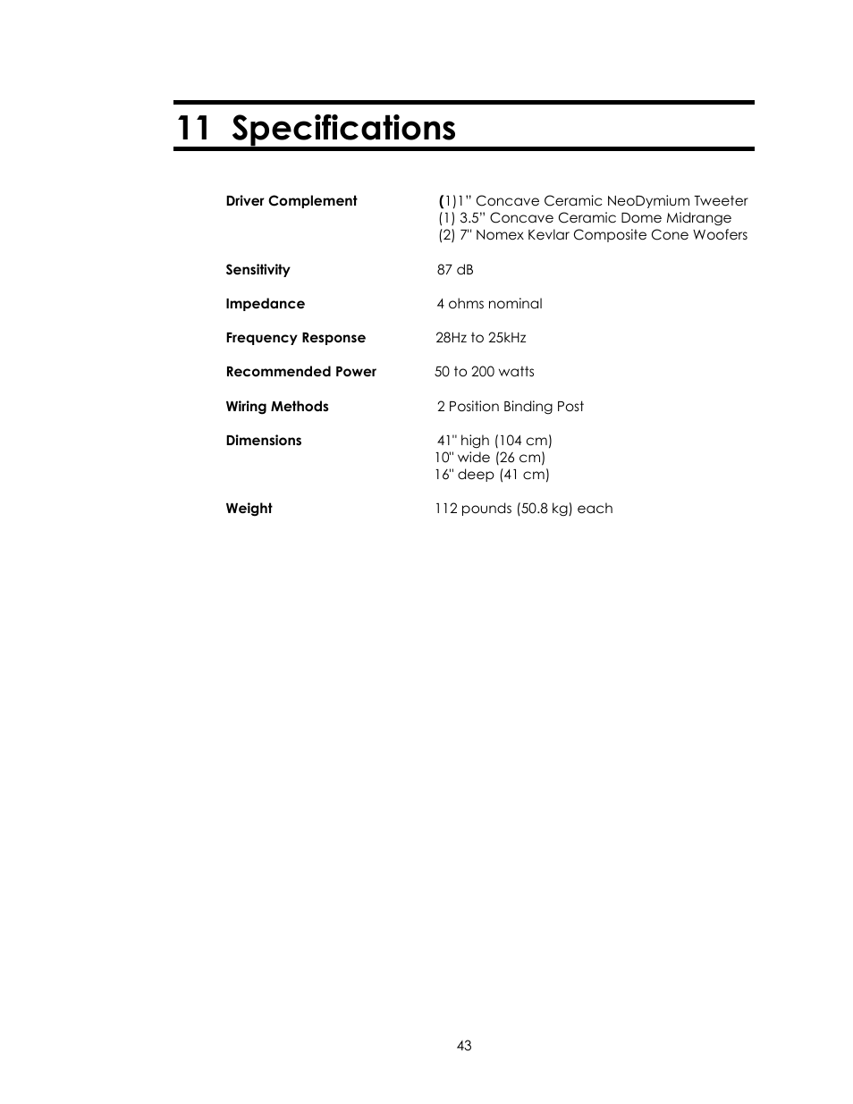 11 specifications | Avalon Acoustics AVALON INDRA User Manual | Page 43 / 44