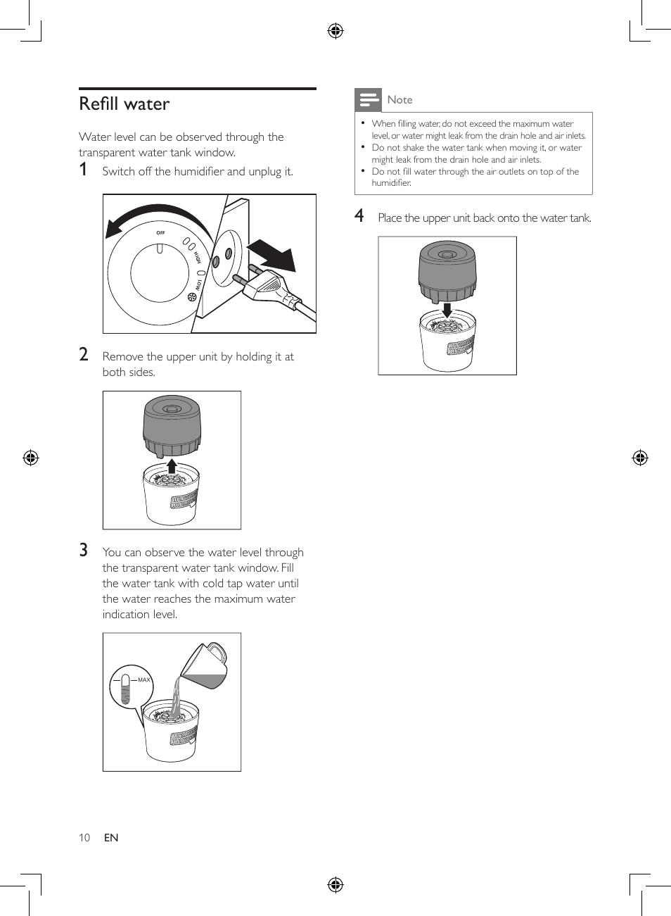 Refill water | Philips Luftbefeuchter User Manual | Page 10 / 116