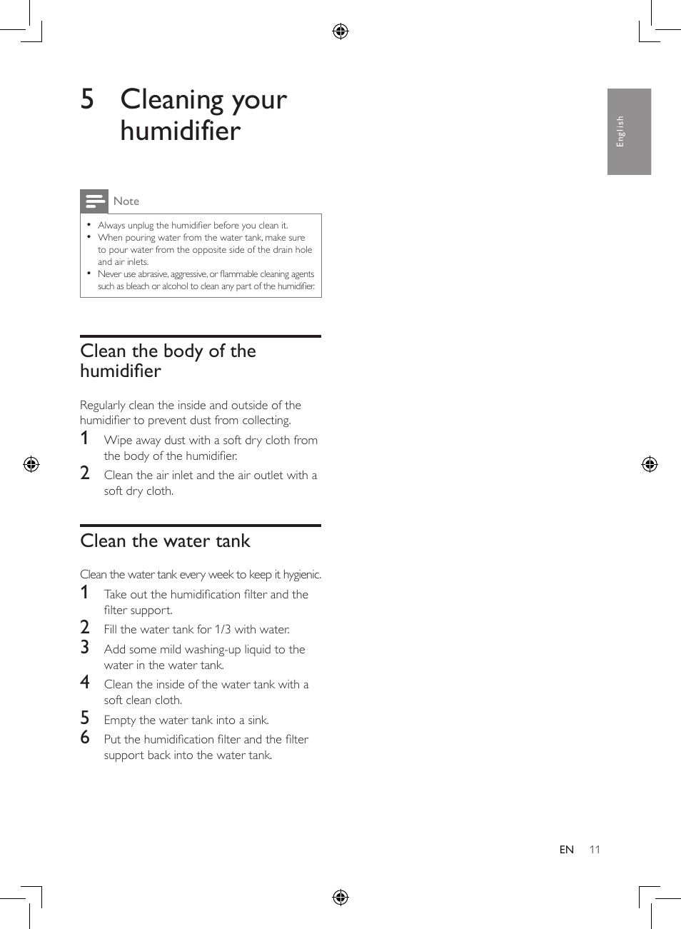 5 cleaning your humidifier, Clean the body of the humidifier, Clean the water tank | Philips Luftbefeuchter User Manual | Page 11 / 116