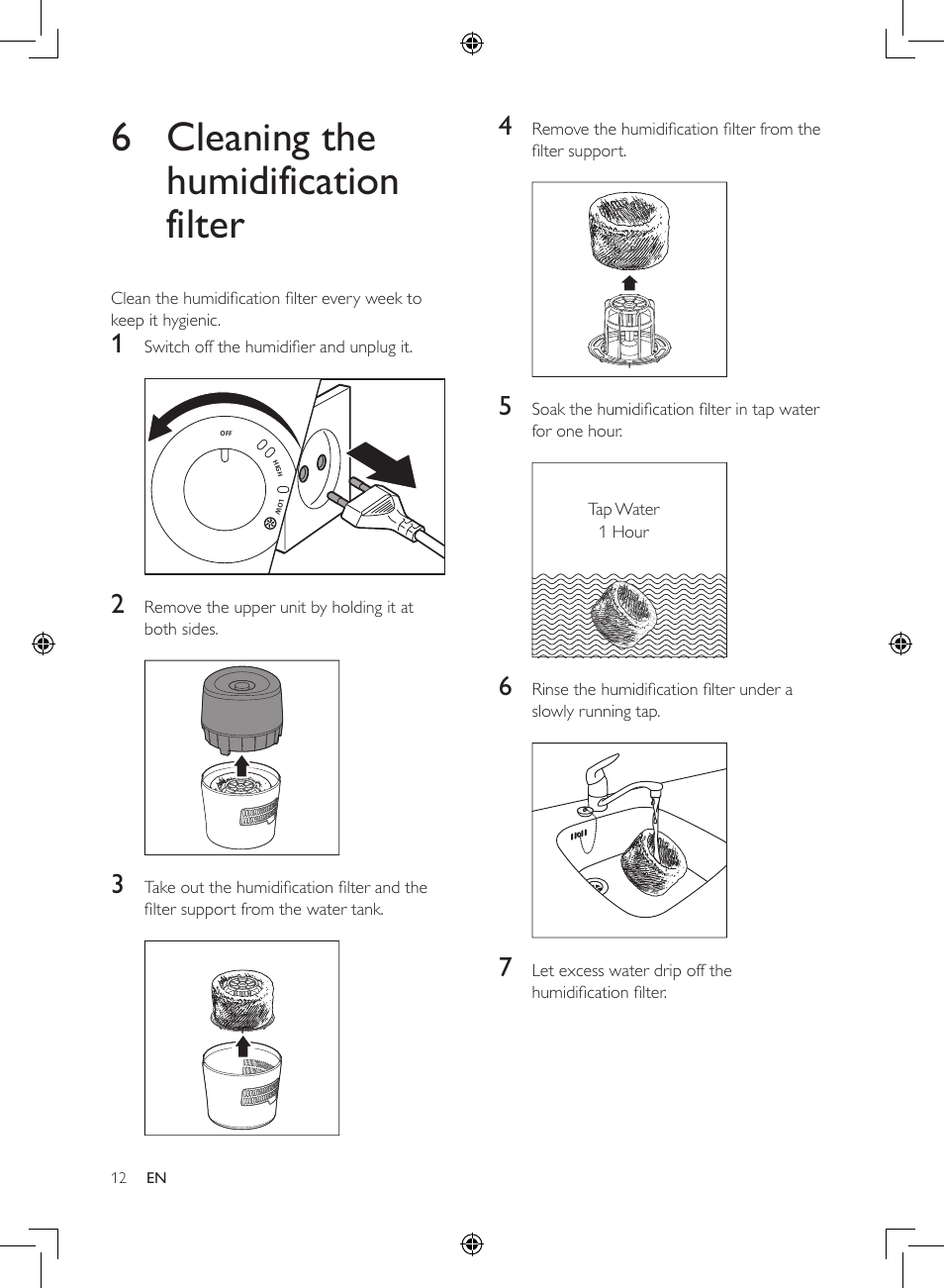 6 cleaning the humidification filter | Philips Luftbefeuchter User Manual | Page 12 / 116