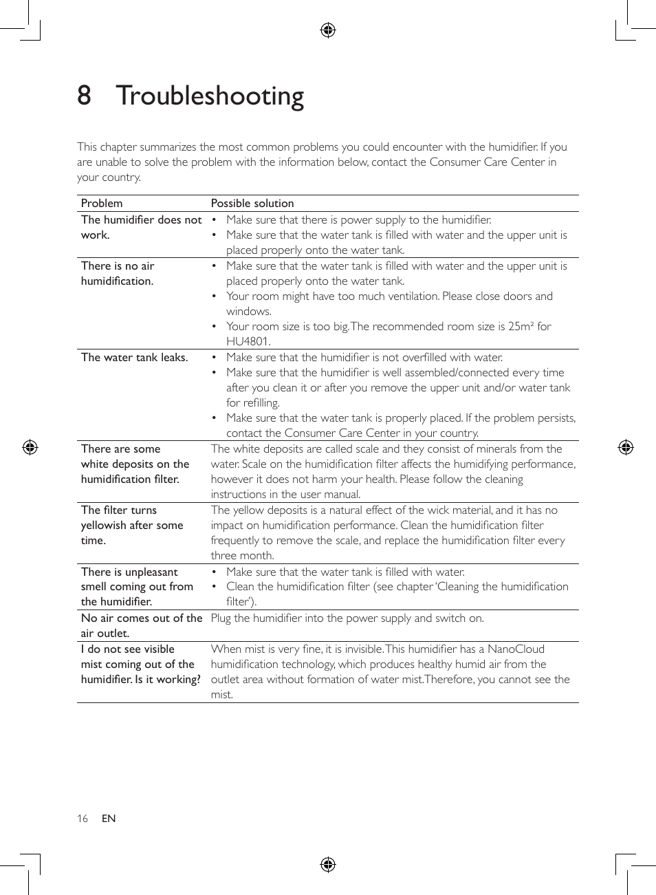 8 troubleshooting | Philips Luftbefeuchter User Manual | Page 16 / 116