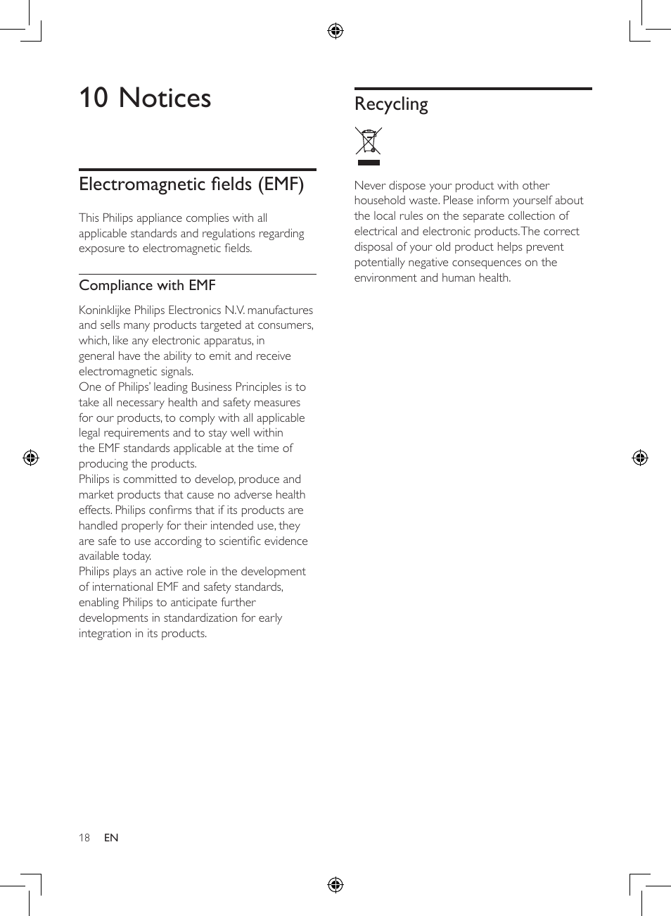 10 notices, Recycling, Electromagnetic fields (emf) | Philips Luftbefeuchter User Manual | Page 18 / 116
