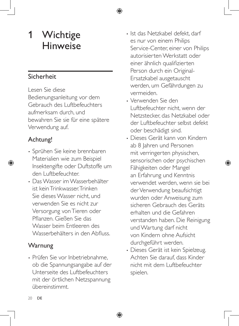 1 wichtige hinweise, Sicherheit | Philips Luftbefeuchter User Manual | Page 20 / 116