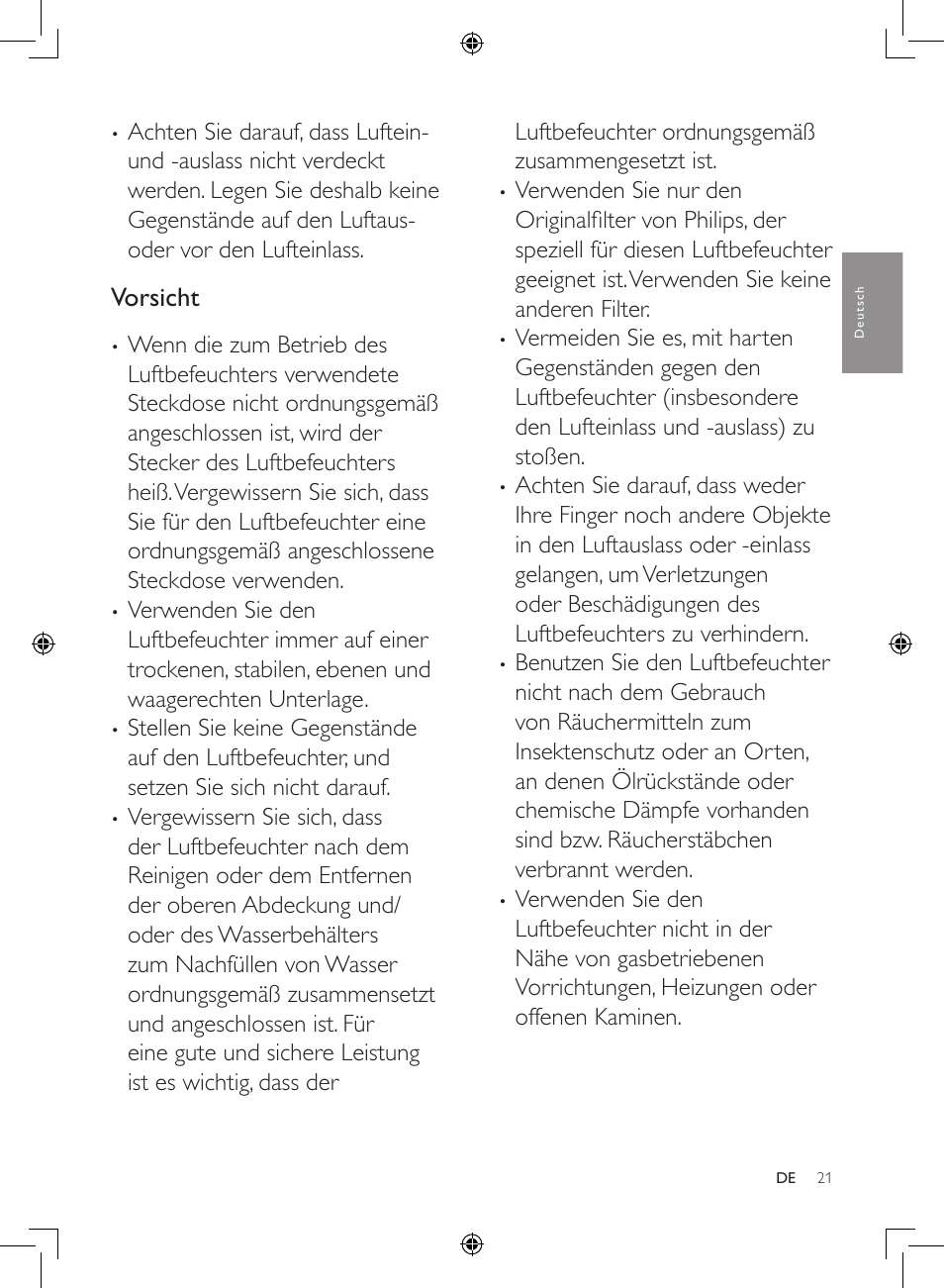 Vorsicht | Philips Luftbefeuchter User Manual | Page 21 / 116