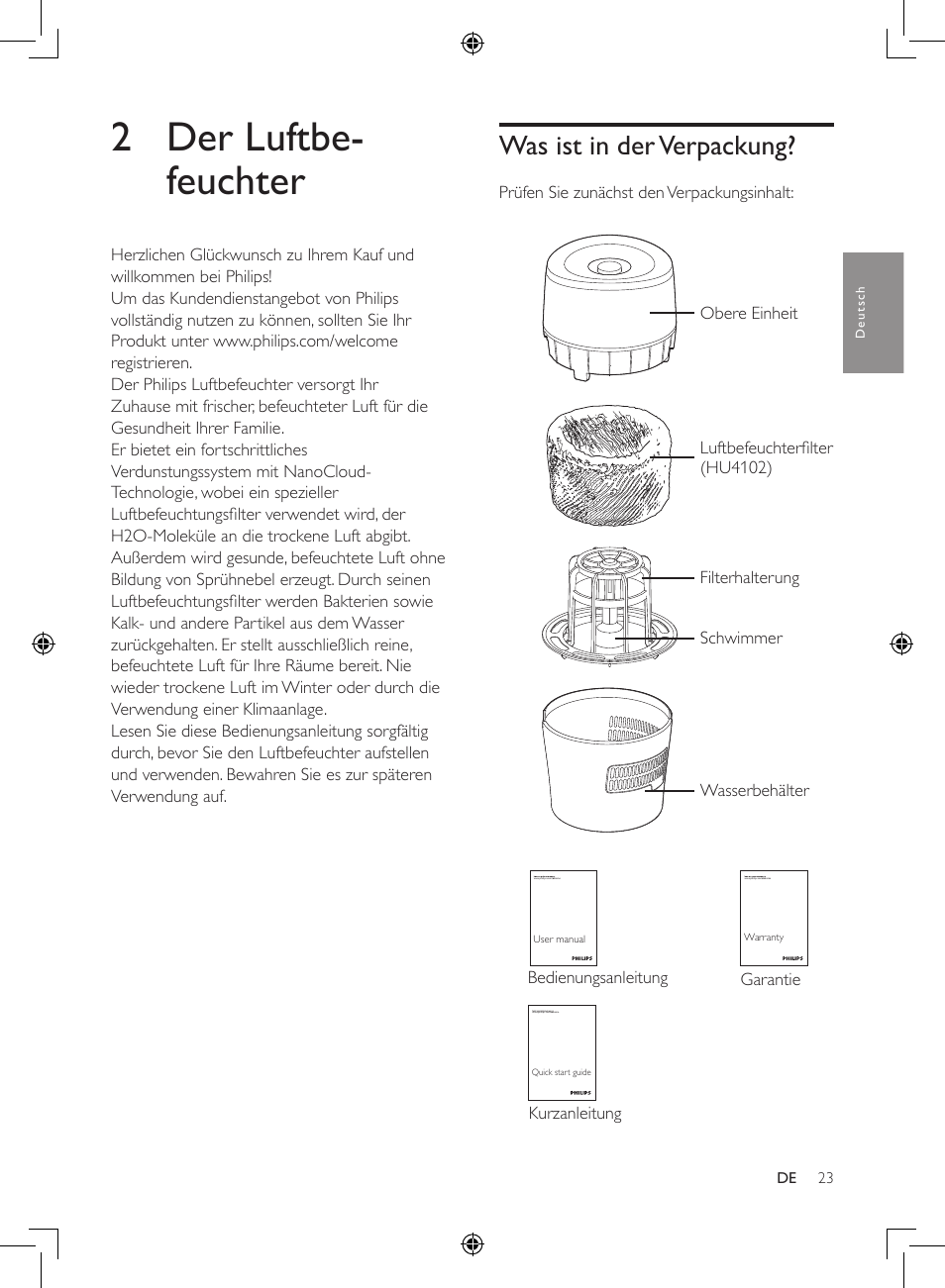 2 der luftbe- feuchter, Was ist in der verpackung | Philips Luftbefeuchter User Manual | Page 23 / 116