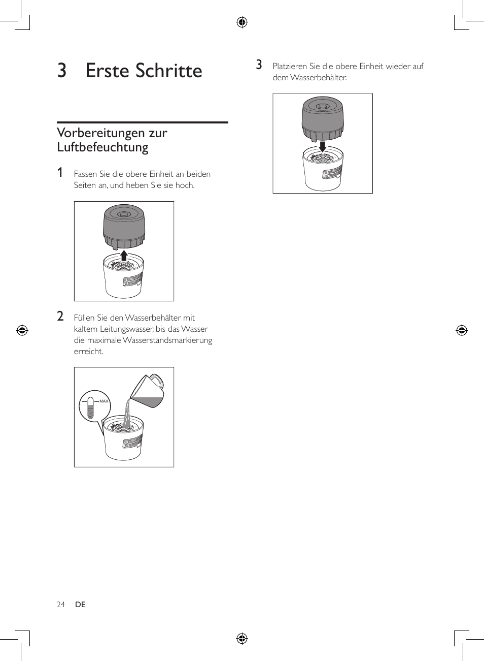3 erste schritte, Vorbereitungen zur luftbefeuchtung 1 | Philips Luftbefeuchter User Manual | Page 24 / 116