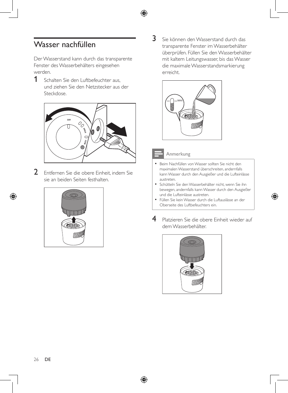 Wasser nachfüllen | Philips Luftbefeuchter User Manual | Page 26 / 116